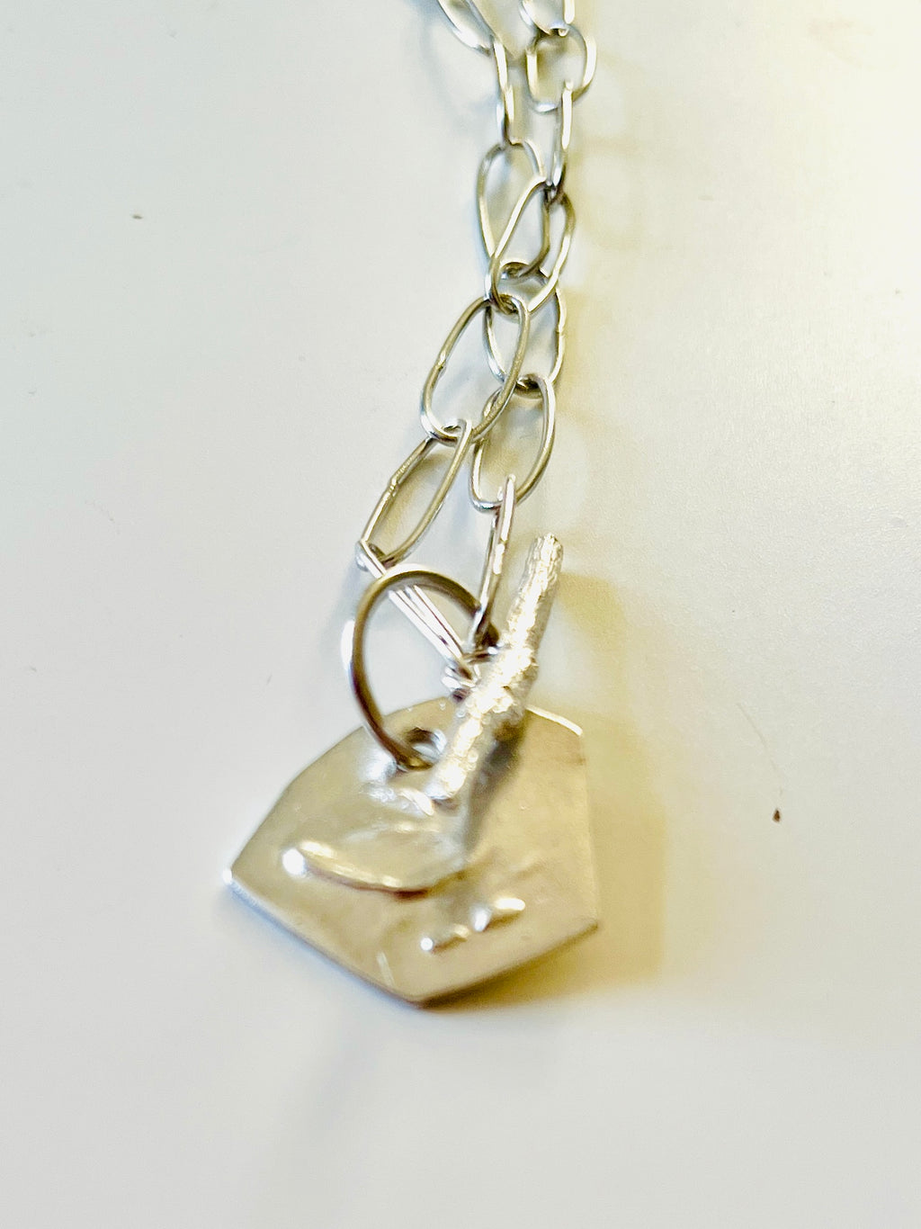 Jennie Gill Sterling sIlver Necklace with Sculptural textured tag & Handmade Chain
