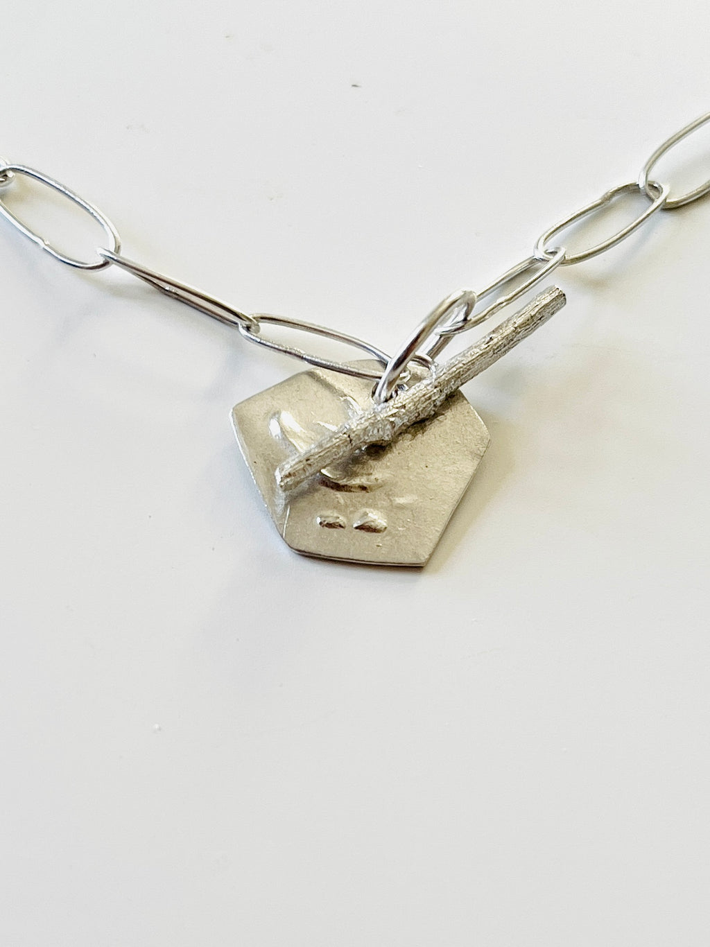 Jennie Gill Sterling sIlver Necklace with Sculptural textured tag & Handmade Chain