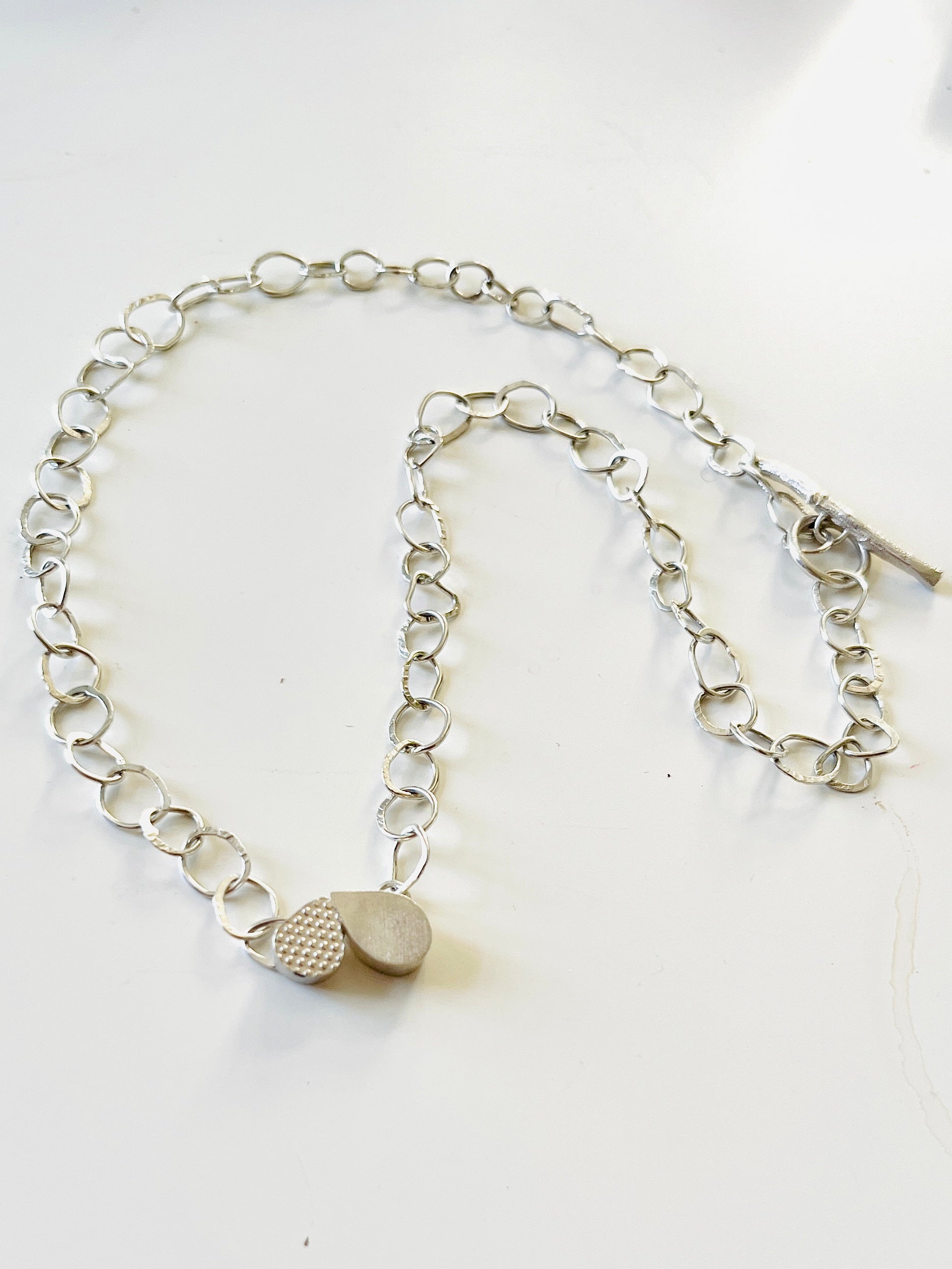 Jennie Gill Silver DOUBLE PETAL Necklace with Handmade Chain  WITH rose thorn buckle necklace