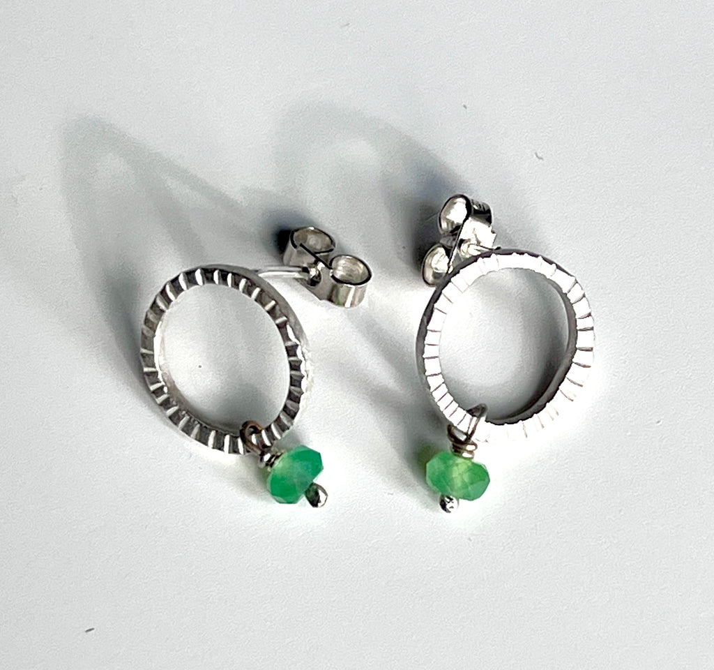 Adele Taylor Textured Silver Earrings with Green Agate – Handmade in Sheffield
