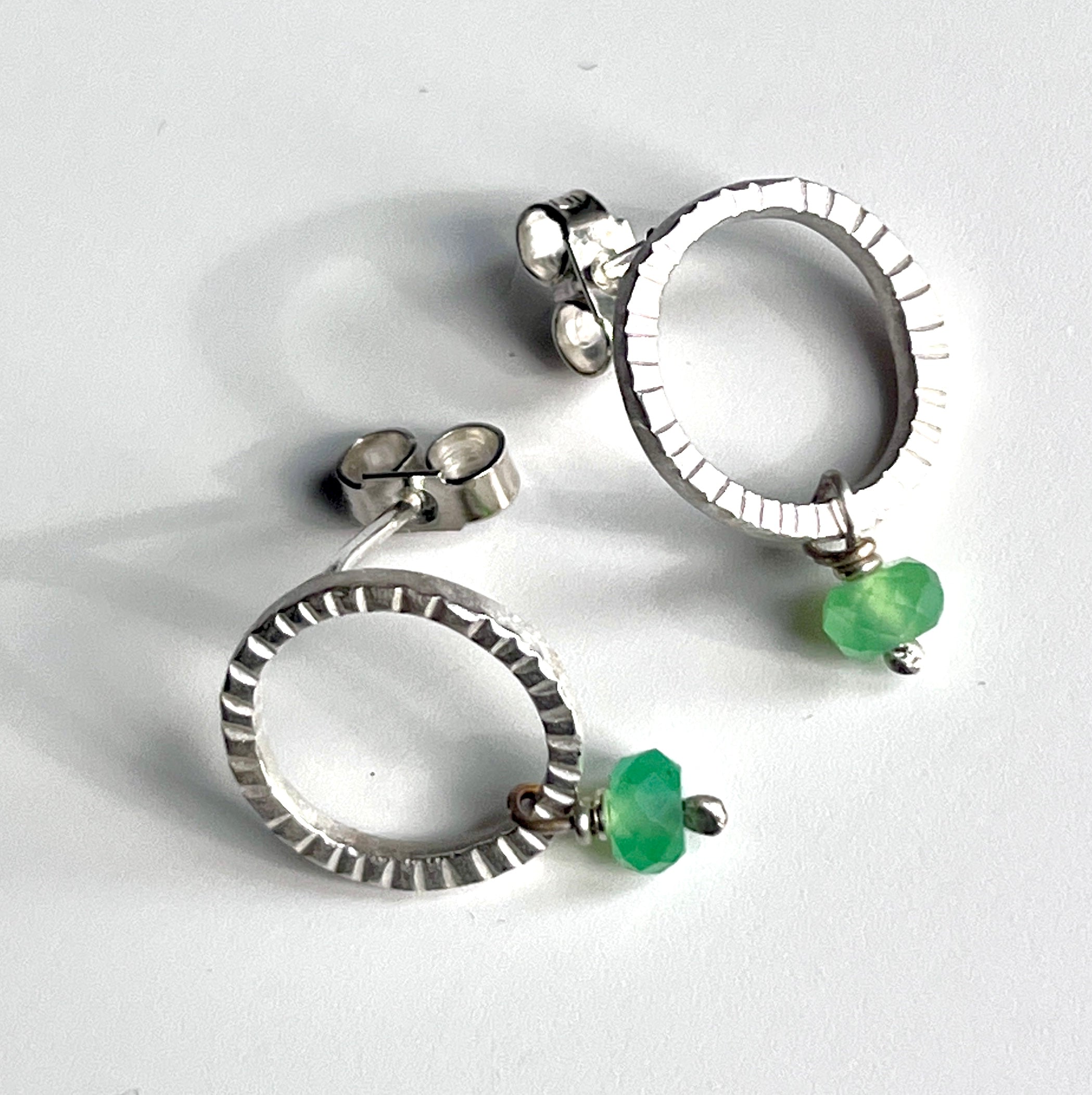 Adele Taylor Textured Silver Earrings with Green Agate – Handmade in Sheffield