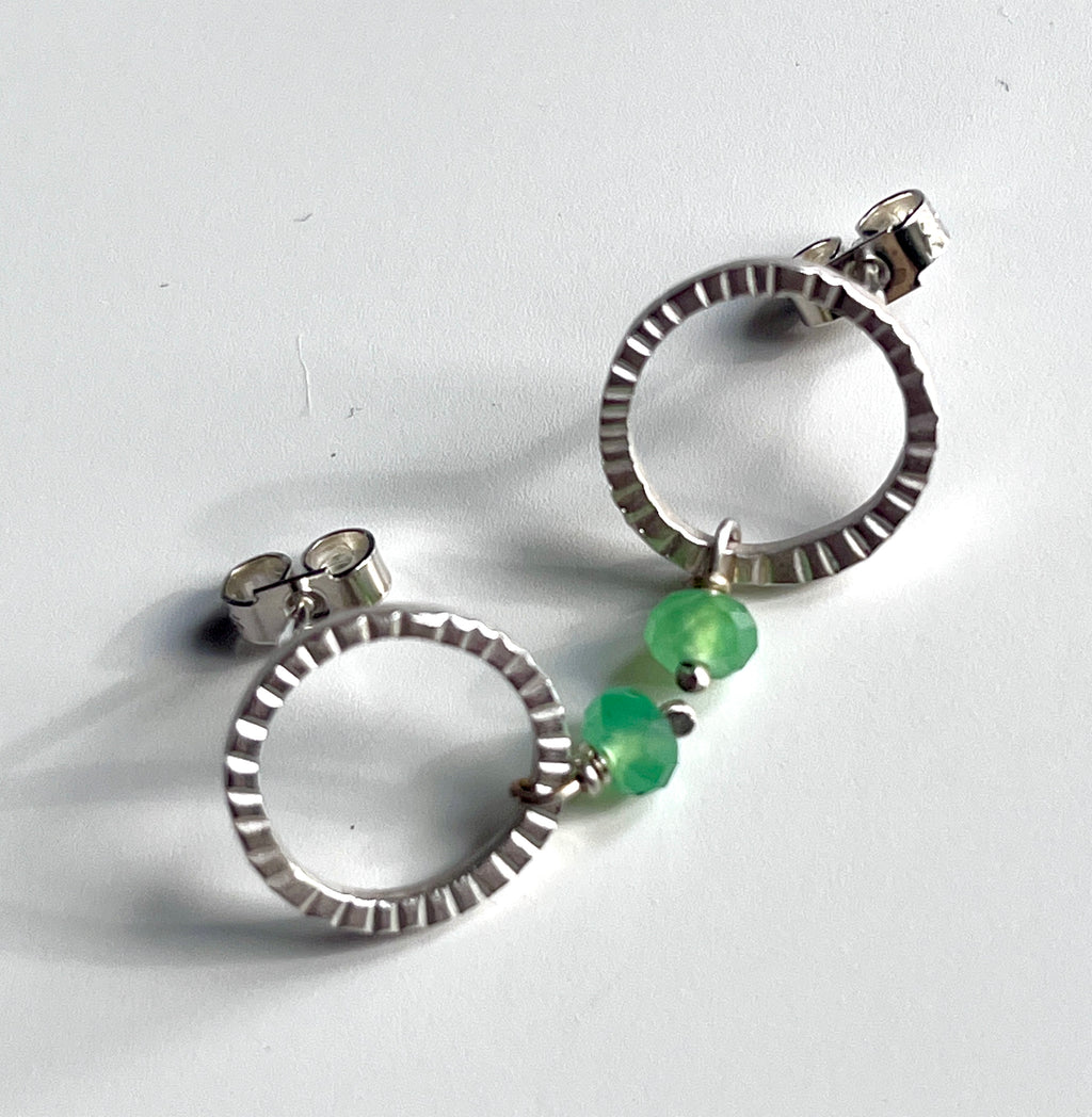 Adele Taylor Textured Silver Earrings with Green Agate – Handmade in Sheffield