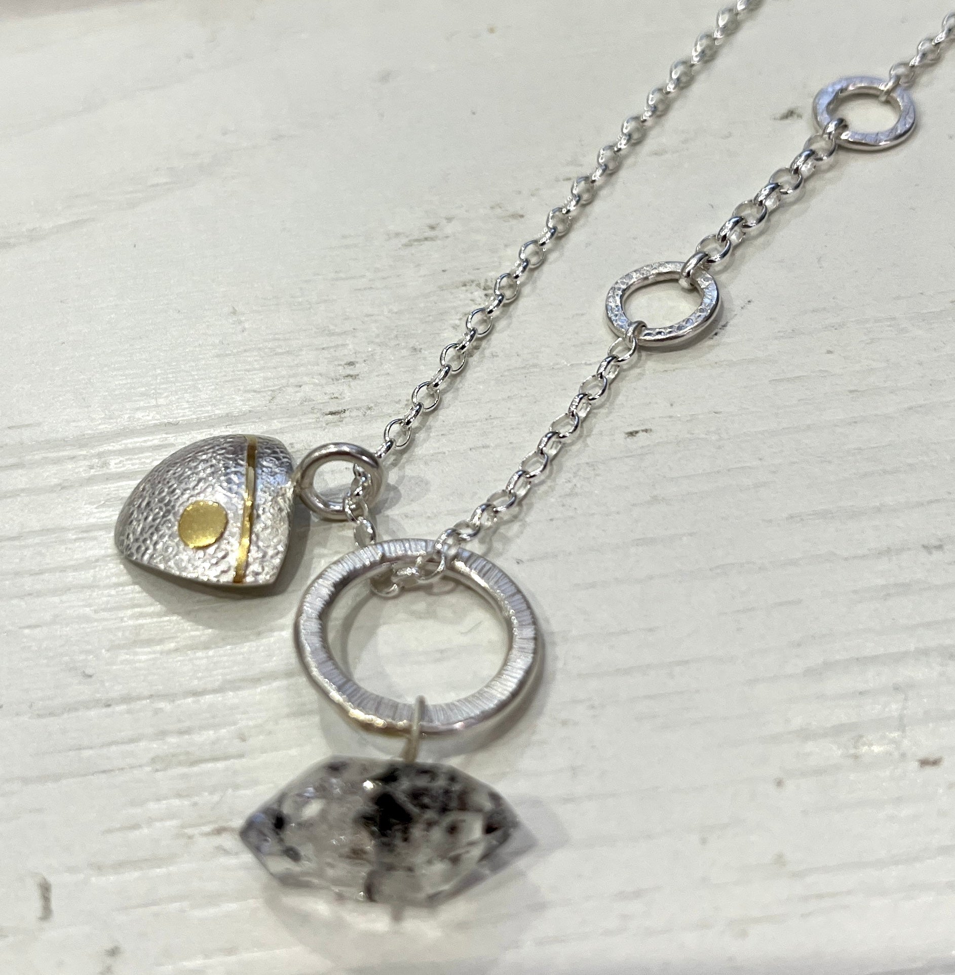 STERLING SILVER AND gold plated silver charm  and herkimer diamond pendants necklace