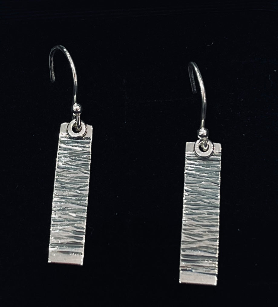 Silver rectangle drop earrings with oxidised barred detail