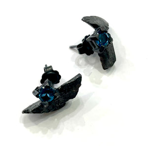 Oxidised /Sterling Silver, gritstone stud earrings with blue topaz rom Jennie Gill