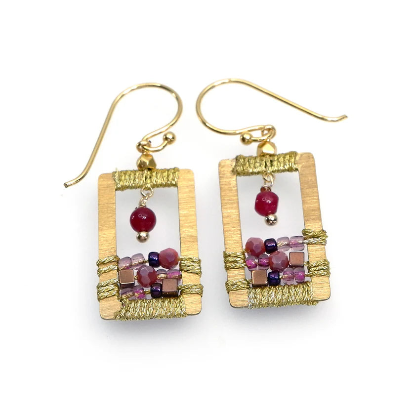 AM  Rectangular Gemstones and Crystal, gold plated earrings