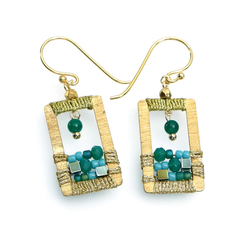 AM  Rectangular Gemstones and Crystal, gold plated earrings