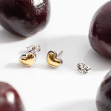 Load image into Gallery viewer,   Kit Heath Heart of Gold Stud Earrings — sculpted mini heart in 18ct gold plate with rhodium-plated sterling silver outline, butterfly stud fitting, two-tone finish
