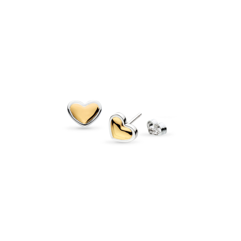   Kit Heath Heart of Gold Stud Earrings — sculpted mini heart in 18ct gold plate with rhodium-plated sterling silver outline, butterfly stud fitting, two-tone finish
