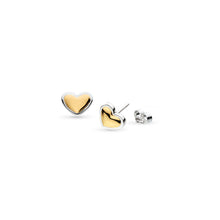 Load image into Gallery viewer,   Kit Heath Heart of Gold Stud Earrings — sculpted mini heart in 18ct gold plate with rhodium-plated sterling silver outline, butterfly stud fitting, two-tone finish
