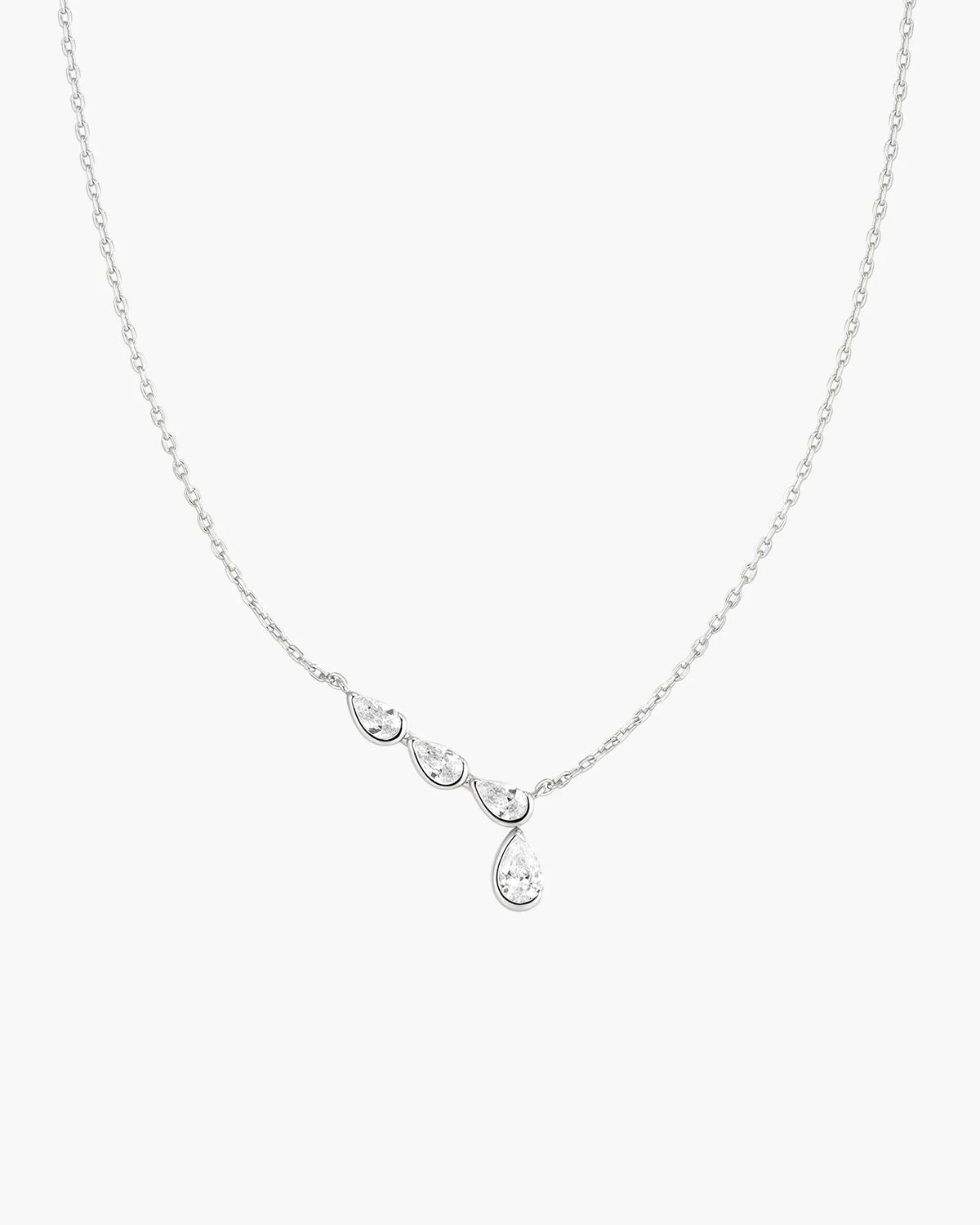 Silver Half Bezel Angled and Dangle Teardrop Necklace