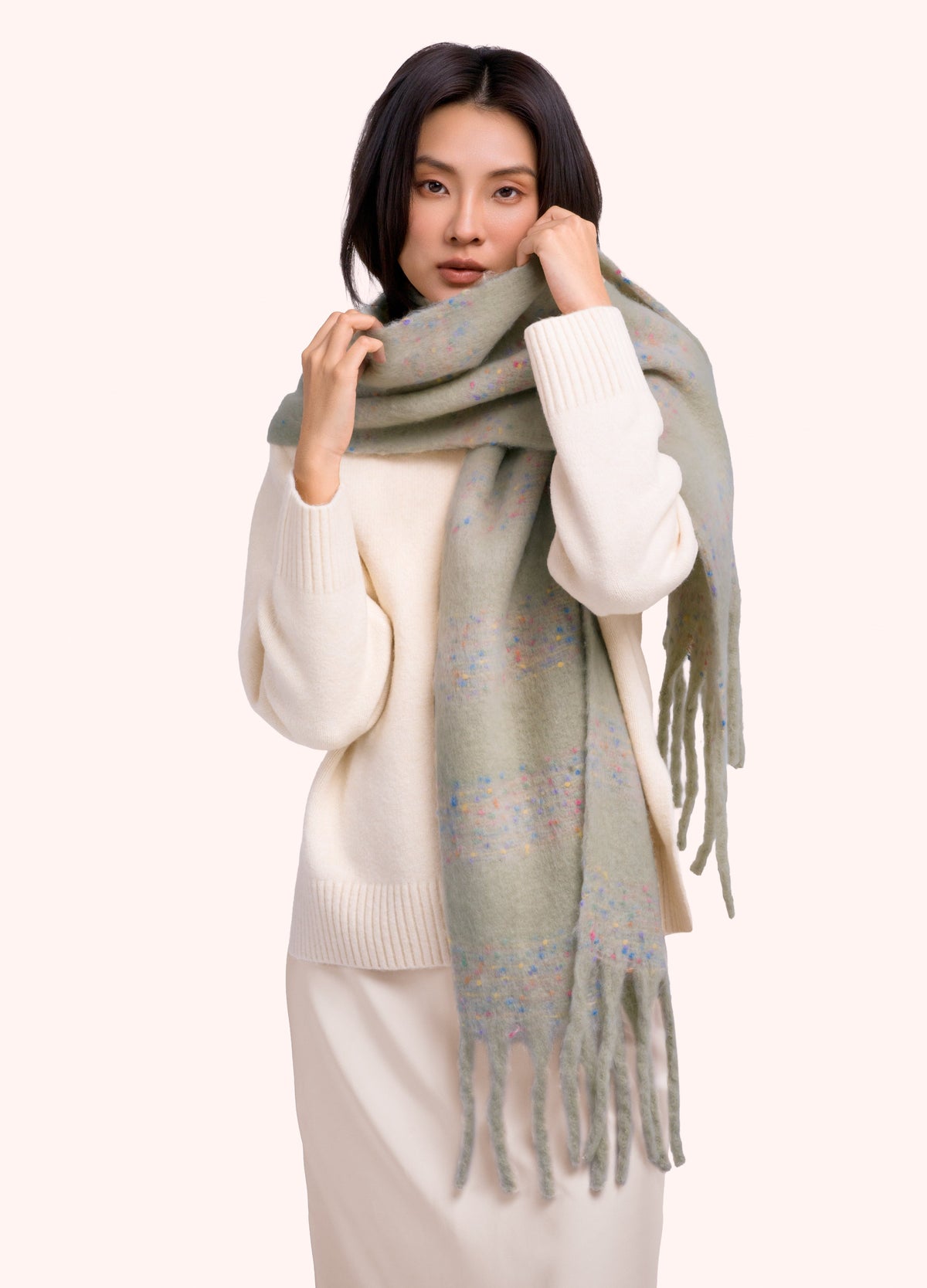 Powder Nancy Cosy Scarf in soft green with fringing