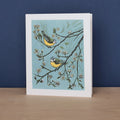 Spring Pursuit greeting card by Niki Bowers, birds in flight linocut print, ORA Gallery