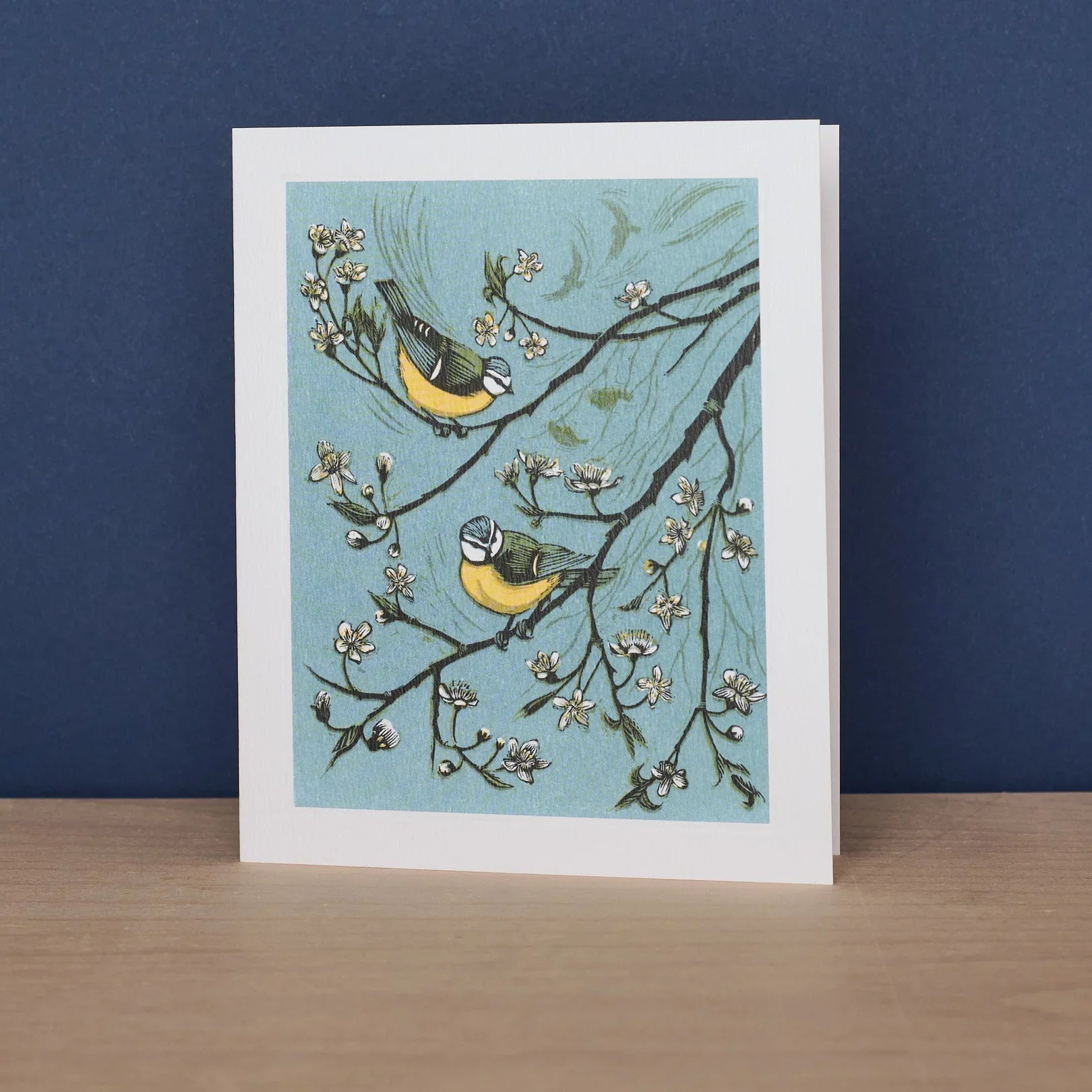 Spring Pursuit greeting card by Niki Bowers, birds in flight linocut print, ORA Gallery