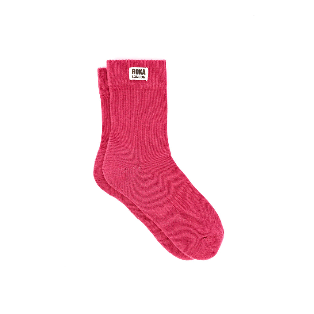 ROKA Wimbledon women's organic cotton crew socks in Granita Red