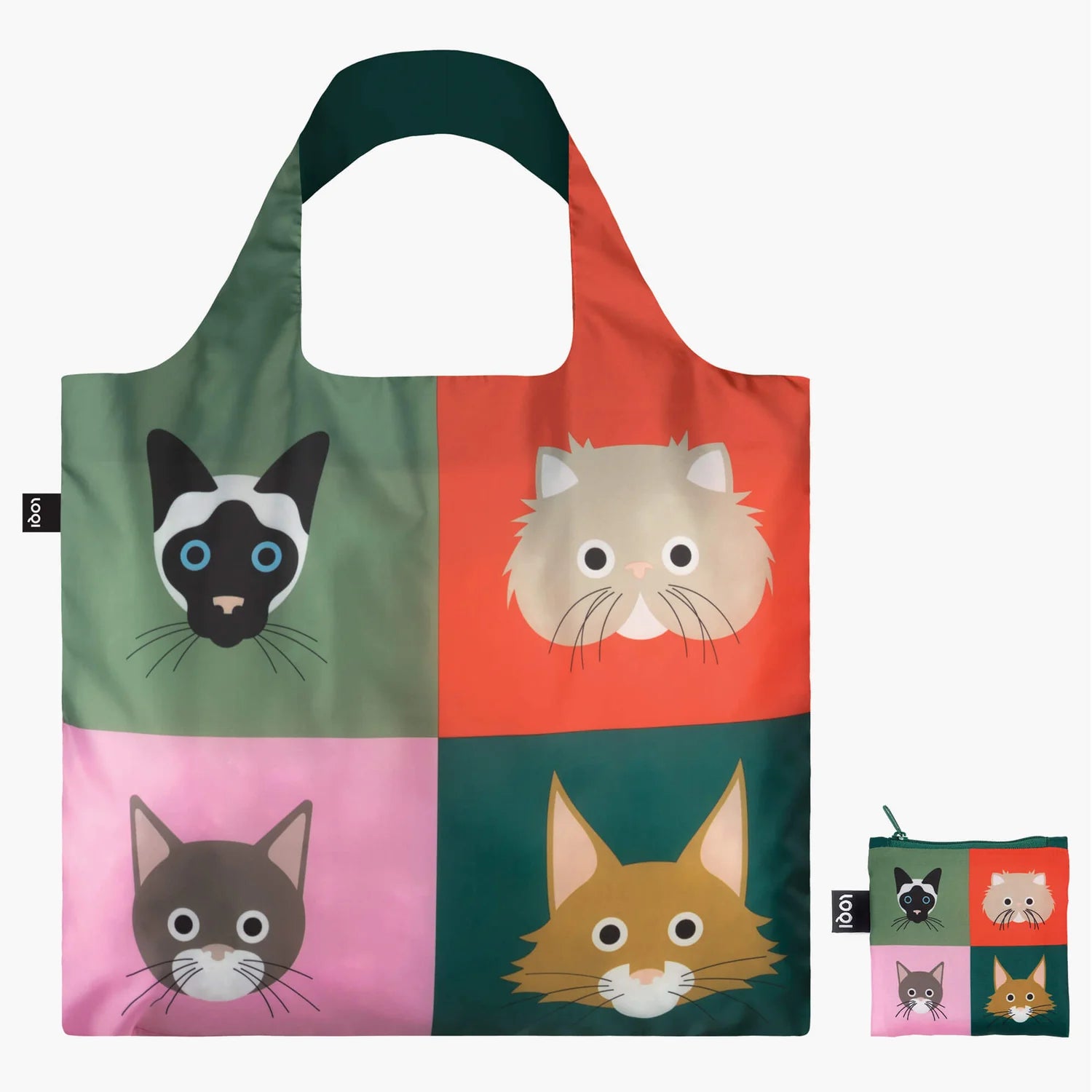 LOQI Stephen Cheetham Cats recycled bag with zip pocket, front view