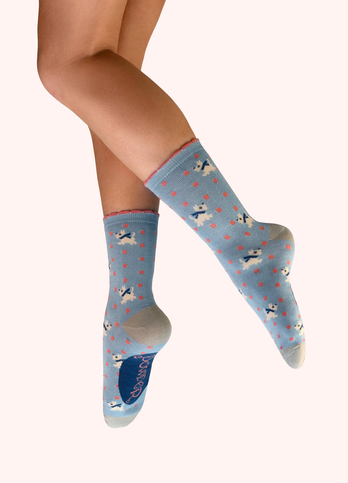 Powder Woolly Westies Ankle Socks in ice with polka dots and Westie dogs