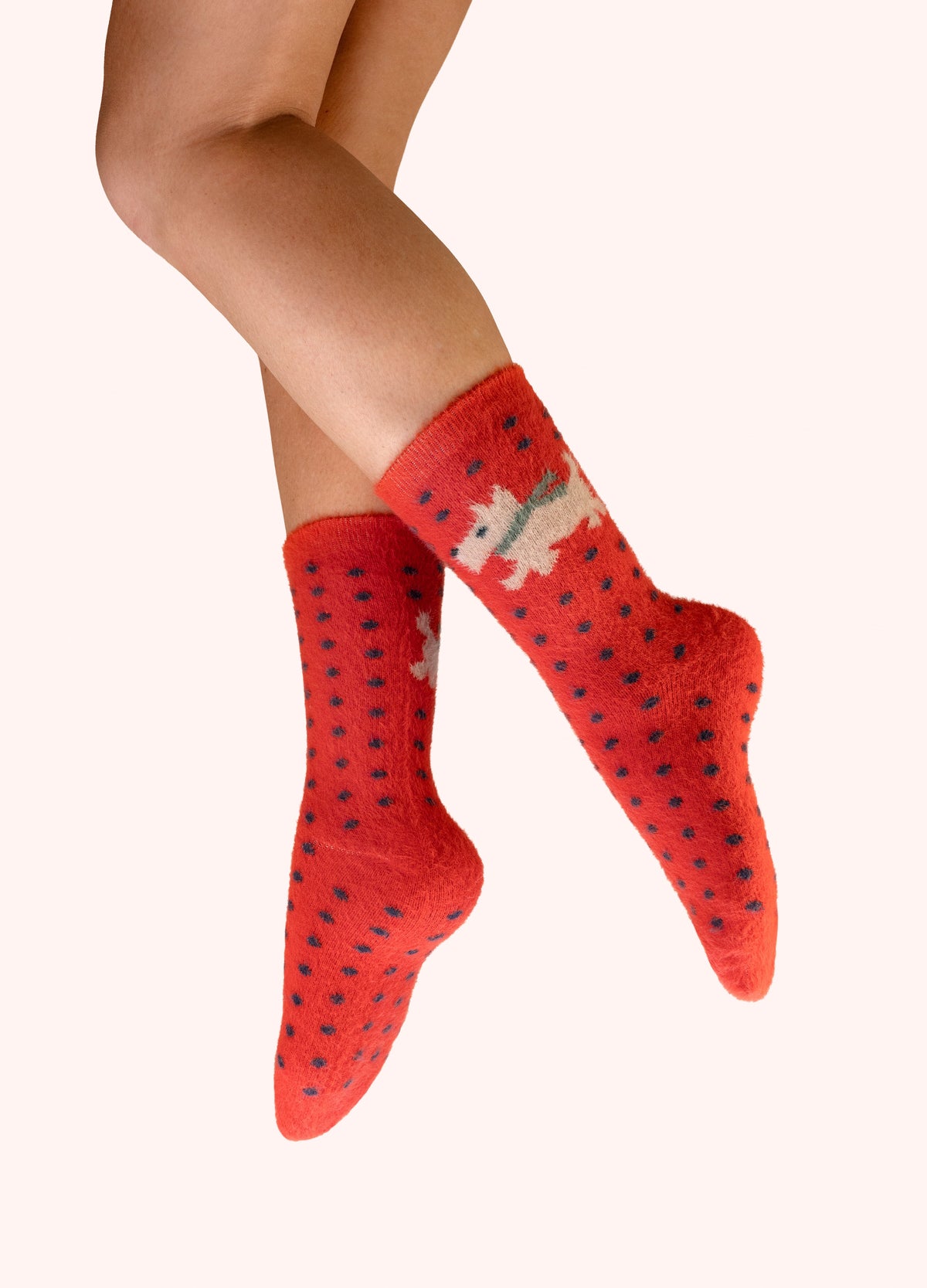 Powder Woolly Westie Fuzzy Socks with polka dots and a Westie design