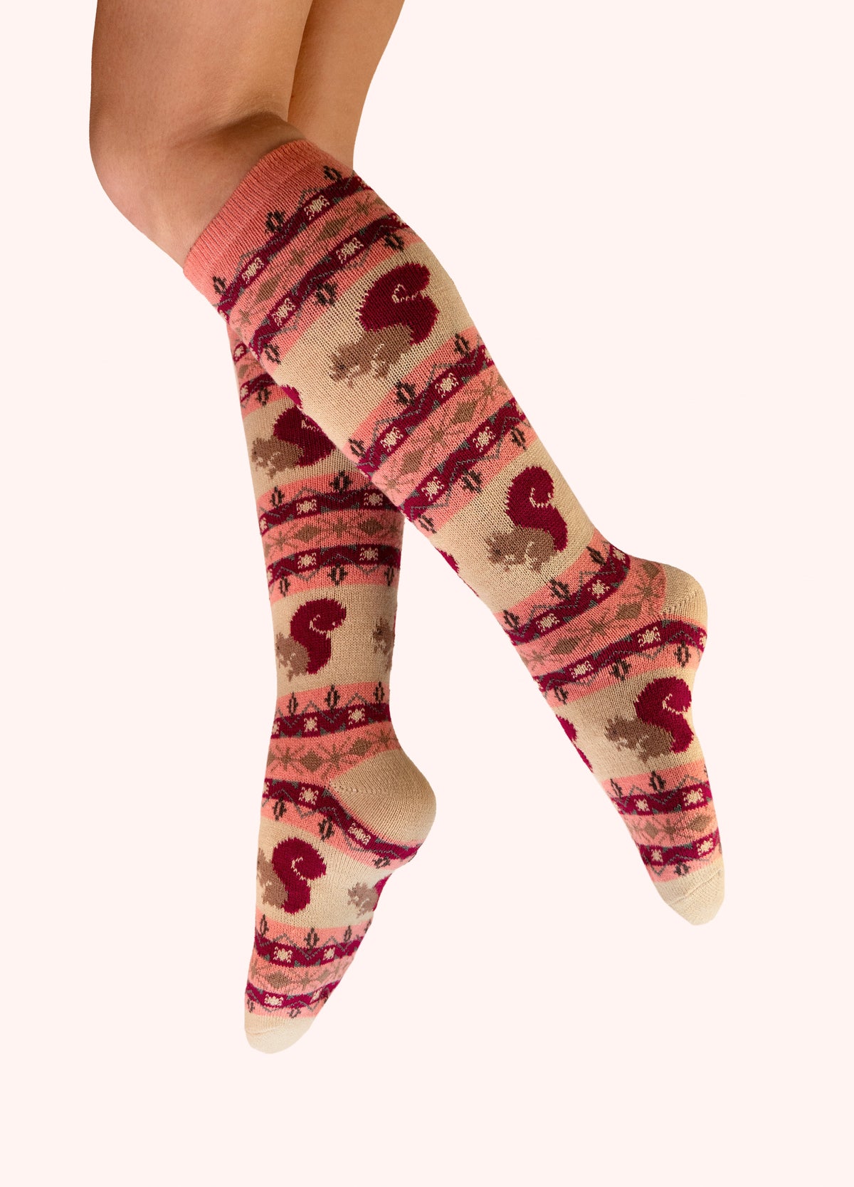 Powder Fair Isle Squirrel Knee High Socks in cream with squirrels and Fair Isle pattern