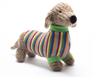 KNITTED SAUSAGE DOG WITH STRIPED JUMPER TOY