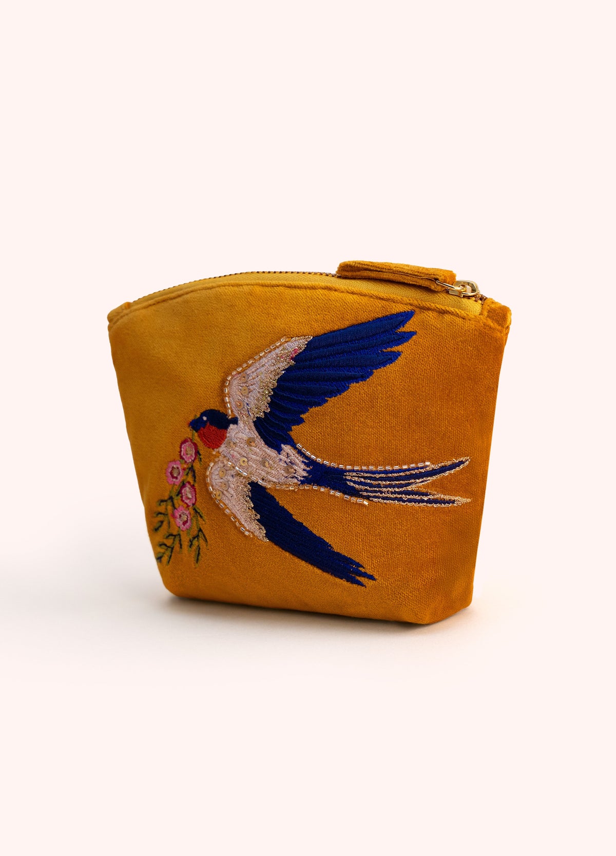 Powder Swallow Velvet Mini Pouch with beaded floral swallow design