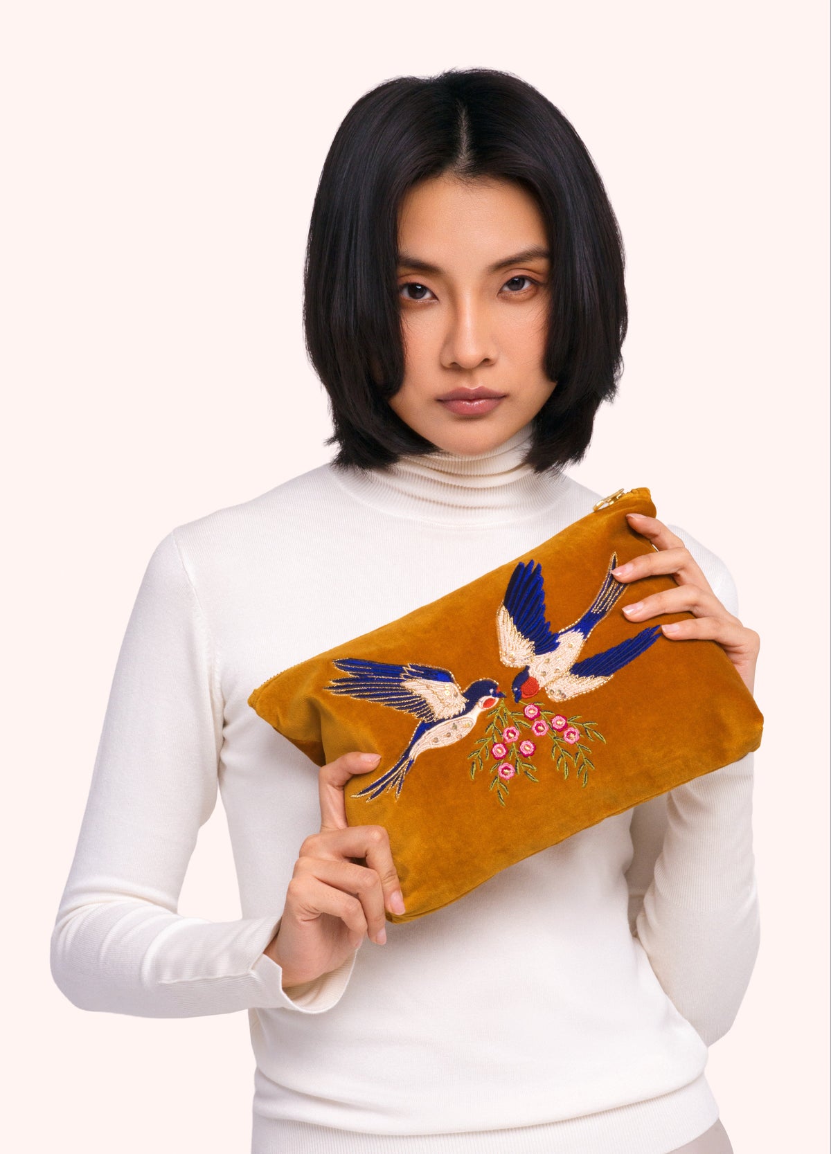 Powder Swallow Velvet Zip Pouch – second view