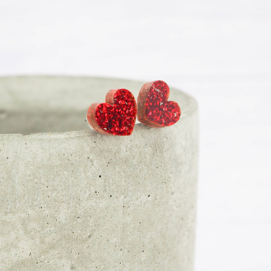 Red glitter small heart acrylic studs