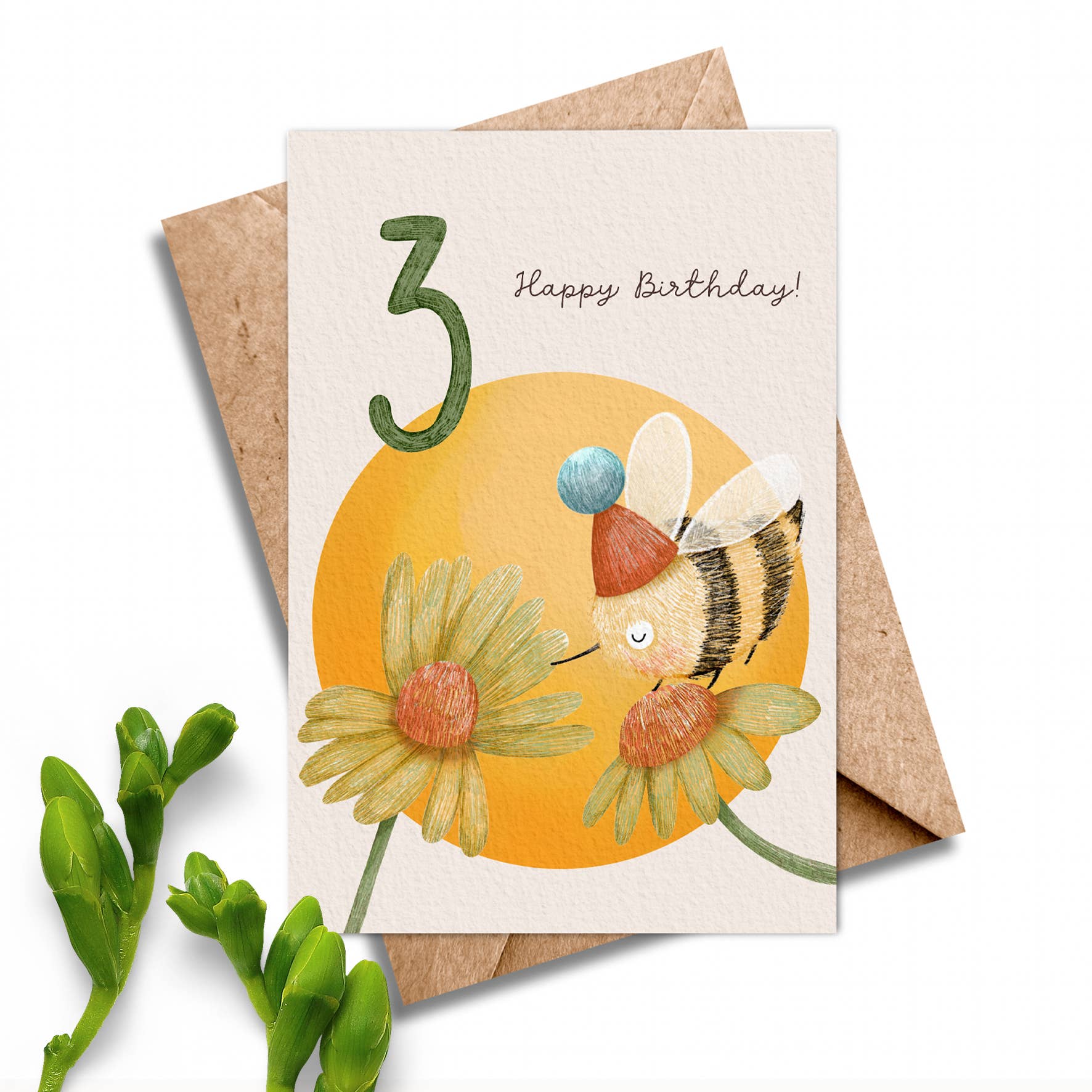 Age 3 Bee Birthday Card - Kids 3rd Birthday Yellow Card.