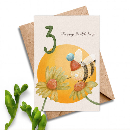 Age 3 Bee Birthday Card - Kids 3rd Birthday Yellow Card.