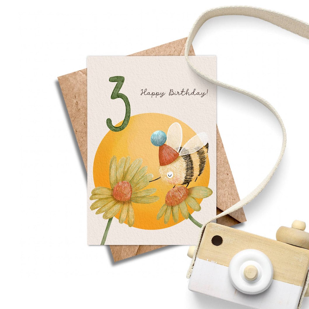 Age 3 Bee Birthday Card - Kids 3rd Birthday Yellow Card.