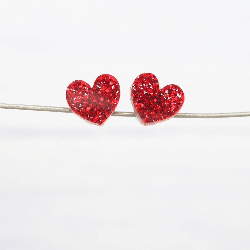 Red glitter small heart acrylic studs