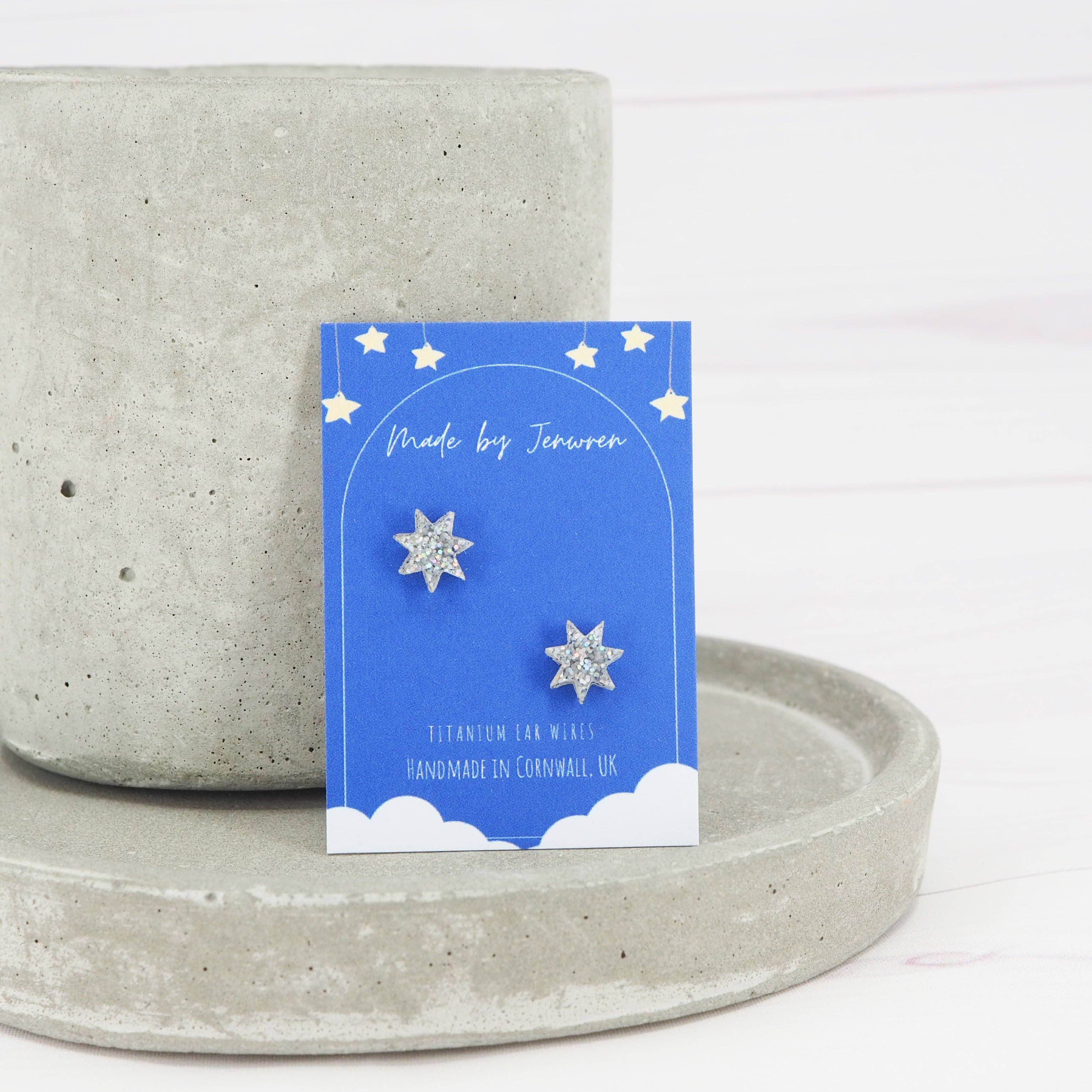 Holographic glitter star studs