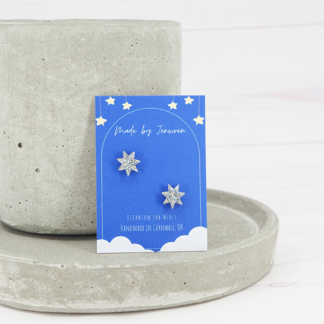 Holographic glitter star studs