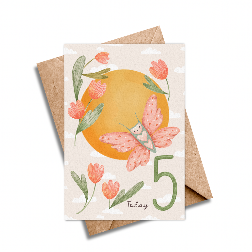 Age 5 Butterfly Birthday Card - Kids 5th Birthday.