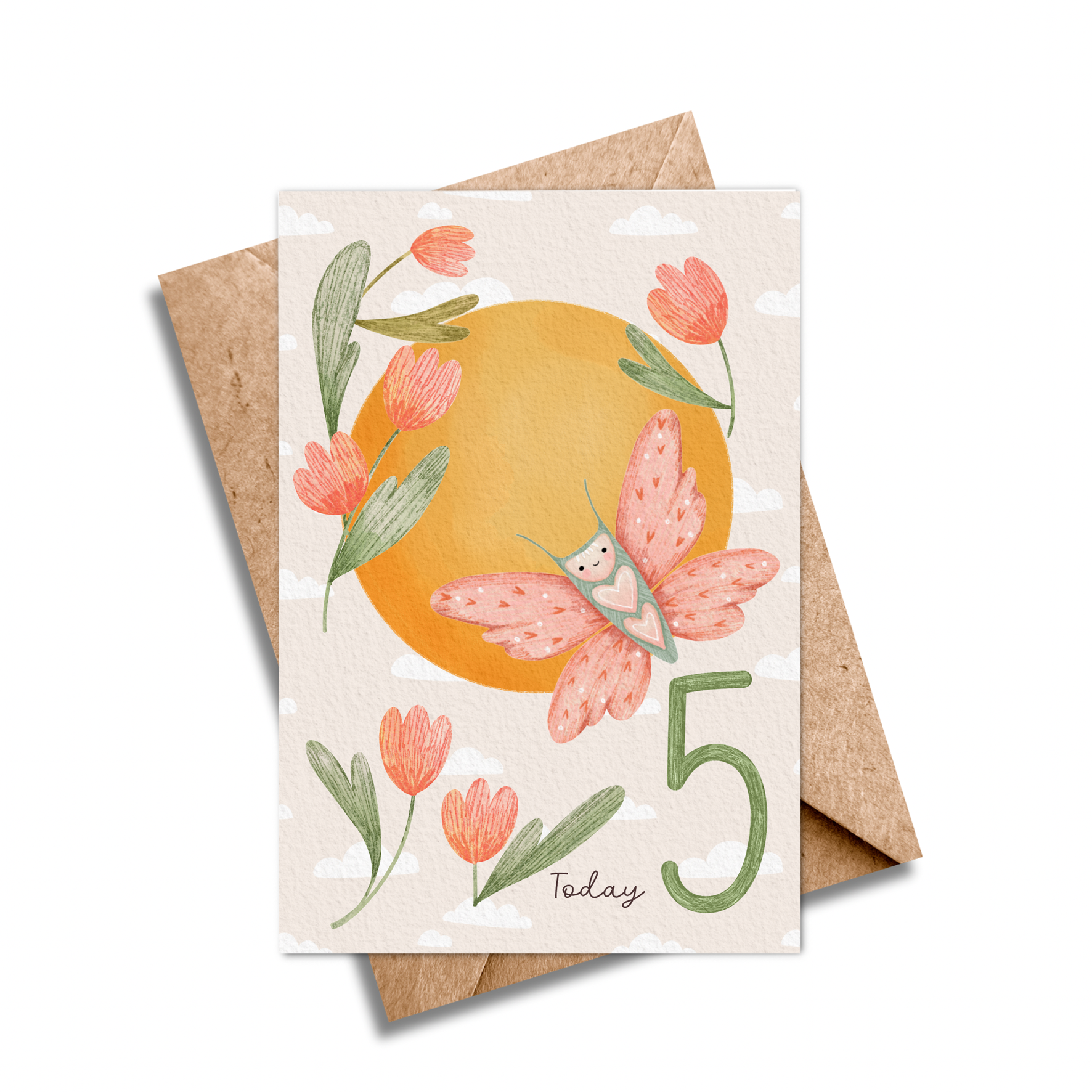 Age 5 Butterfly Birthday Card - Kids 5th Birthday.