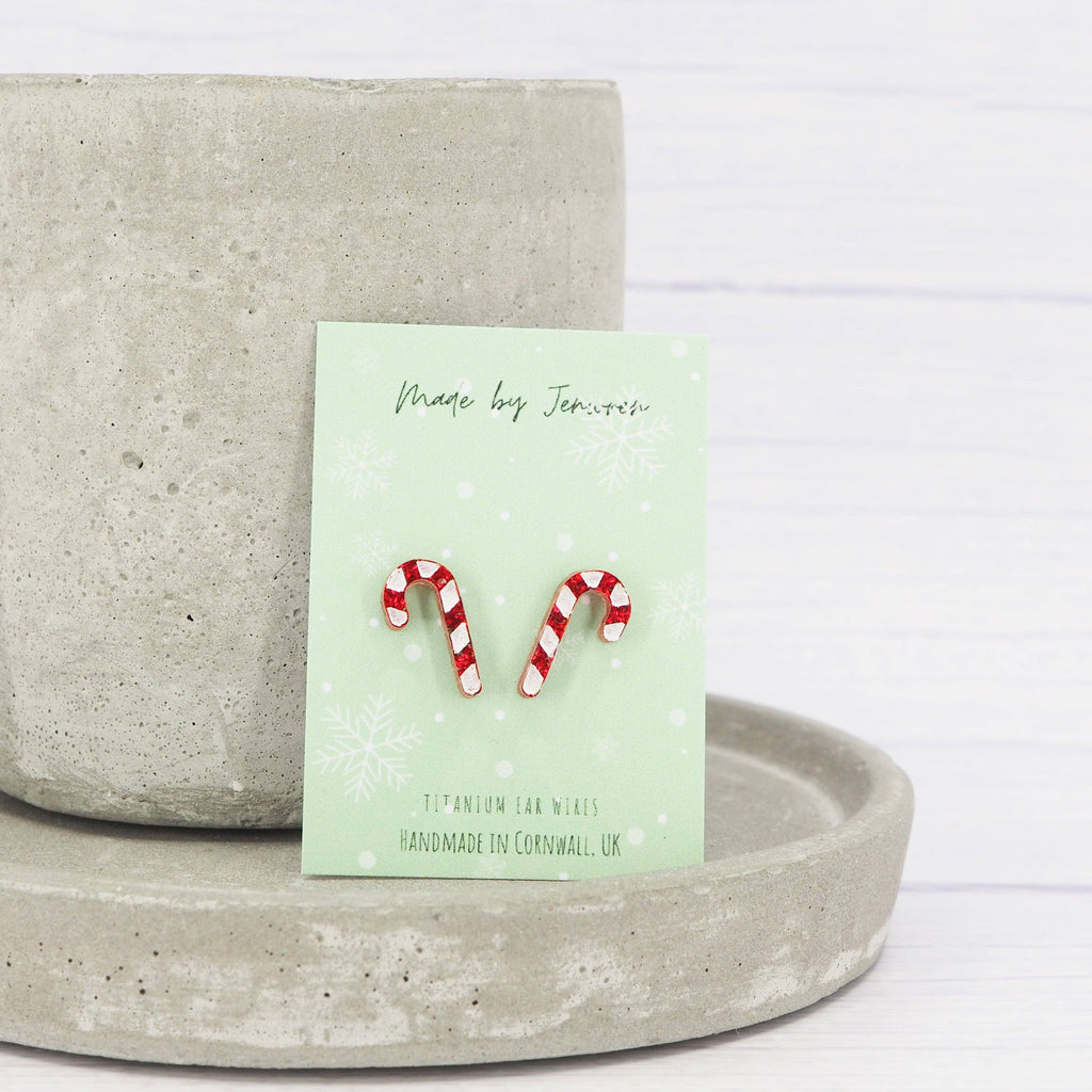 Red glitter candy cane Christmas studs