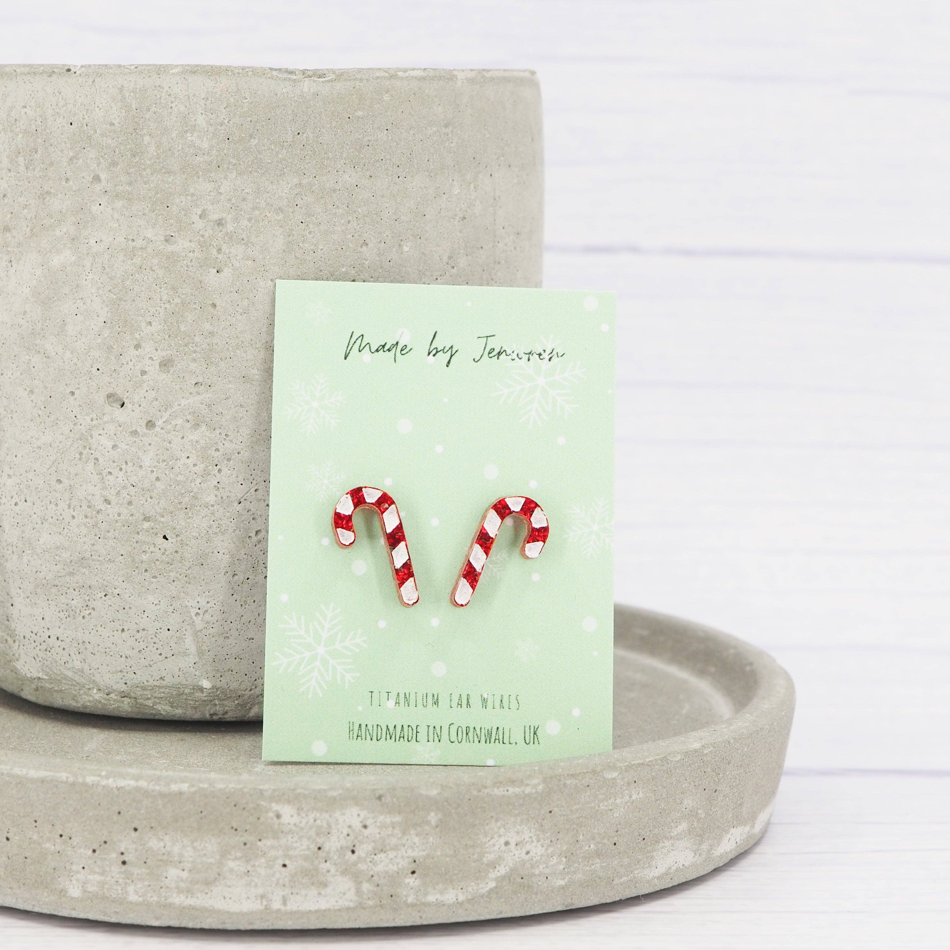 Red glitter candy cane Christmas studs