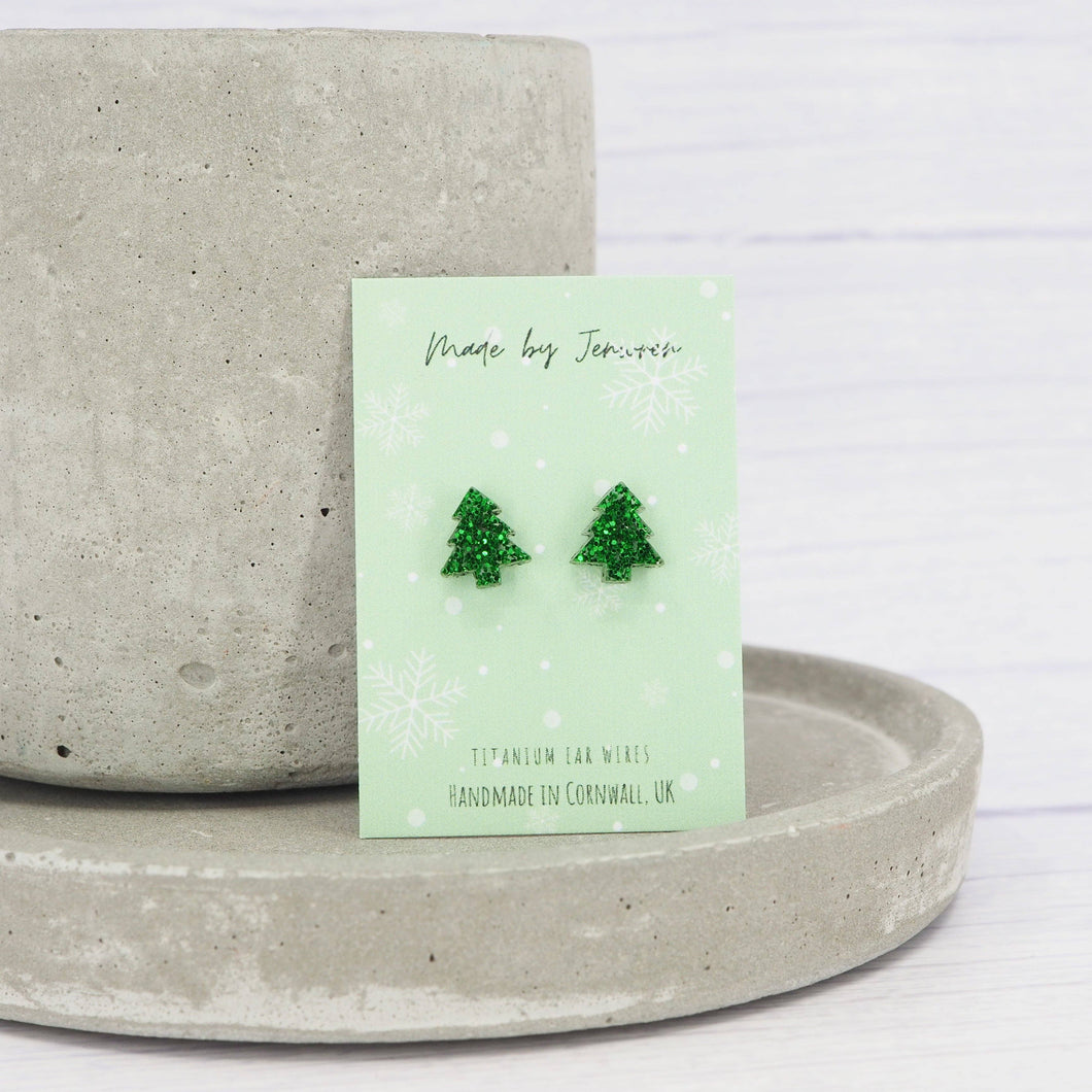 Green glitter Christmas tree studs