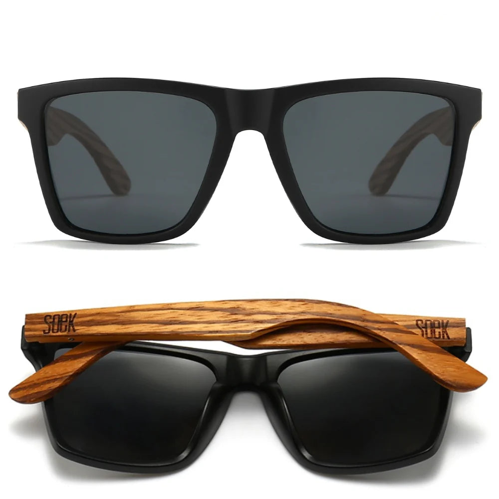Dalton sunglasses - Black Frame l Walnut Wooden Arms l Black Polarised Lens