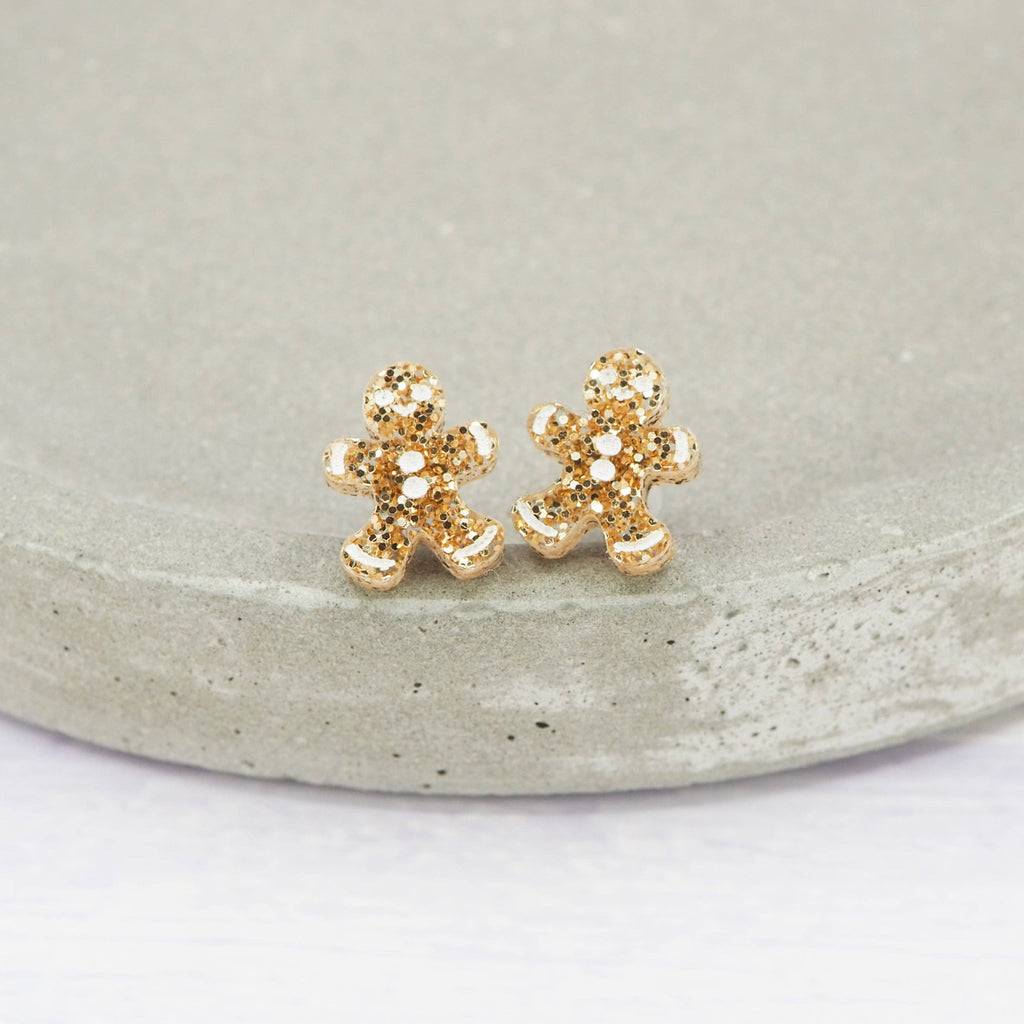 Sparkle with Festive Cheer! Mini Gold Glitter Gingerbread Man Studs