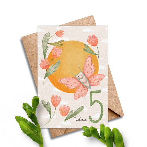 Age 5 Butterfly Birthday Card - Kids 5th Birthday.