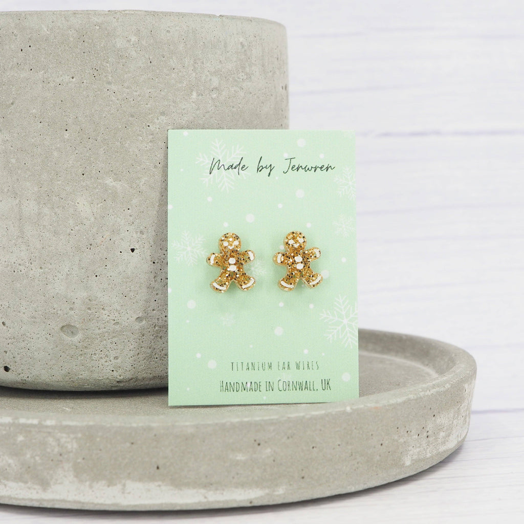 Sparkle with Festive Cheer! Mini Gold Glitter Gingerbread Man Studs