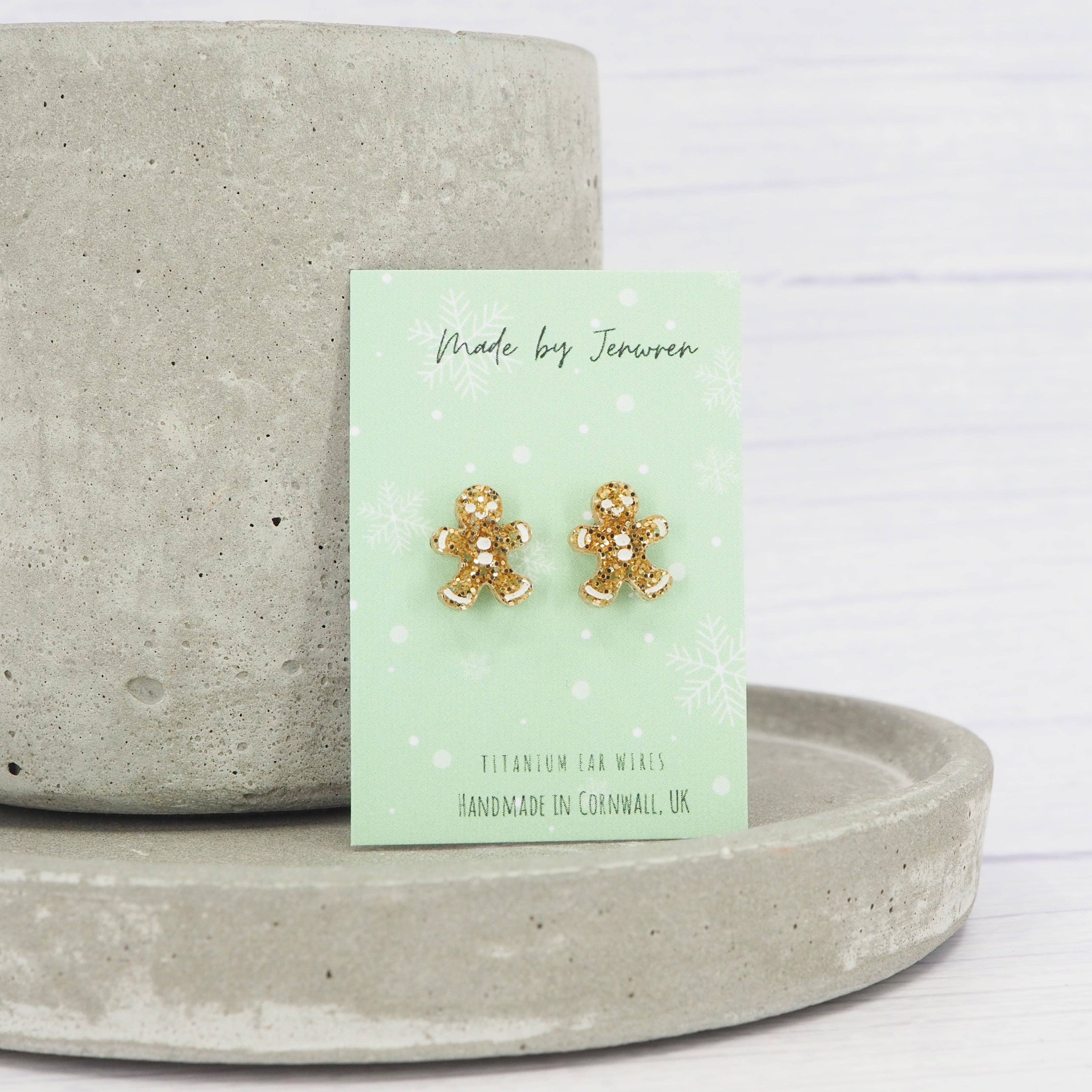 Sparkle with Festive Cheer! Mini Gold Glitter Gingerbread Man Studs