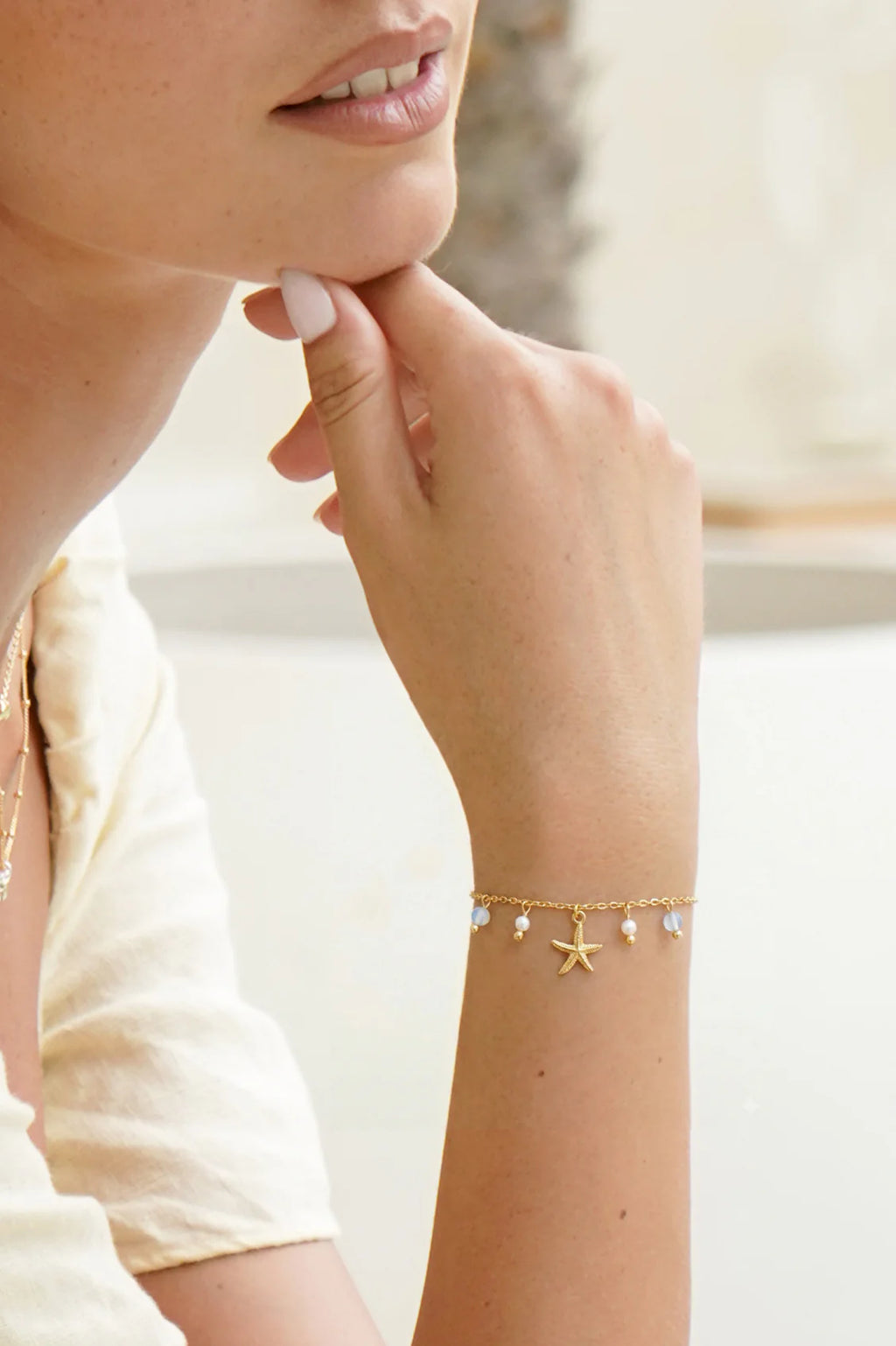 Starfish Charm Bracelet with Pearl and Blue Lace Agate
