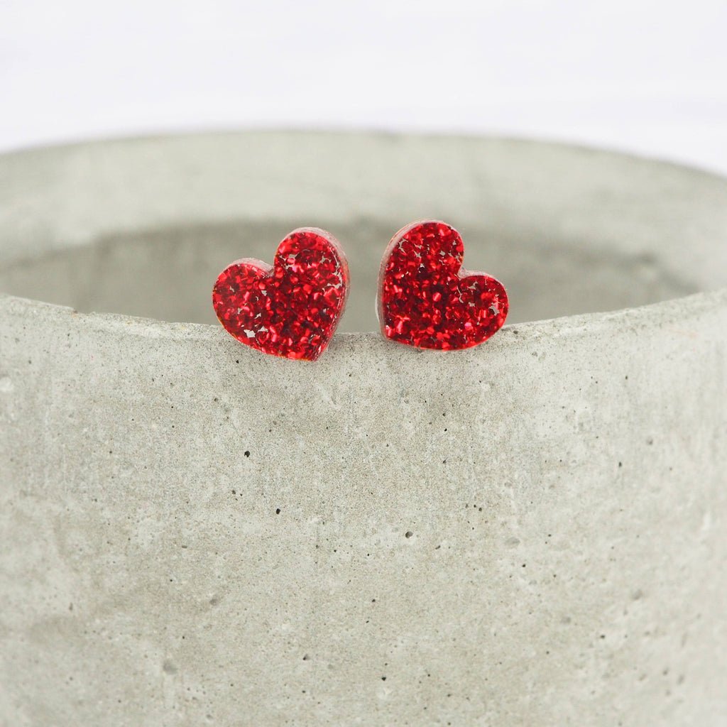 Red glitter small heart acrylic studs