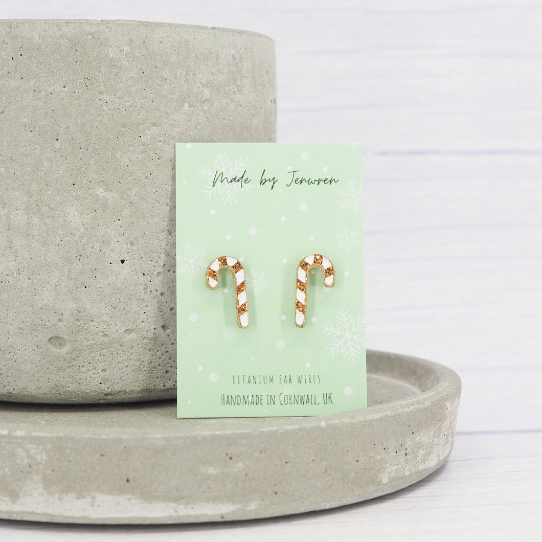 Gold glitter candy cane Christmas studs