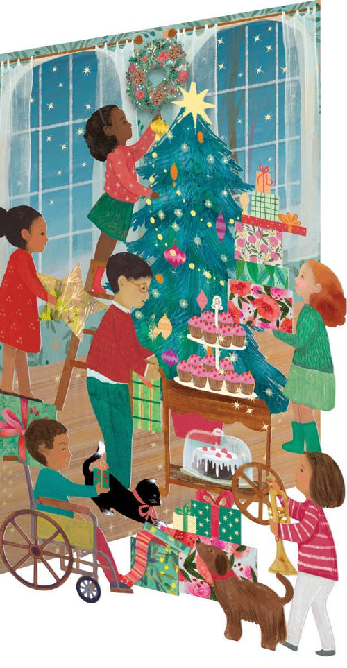 A Christmas Party lasercut Christmas card by Roger la Borde, artwork by Kendra Binney
