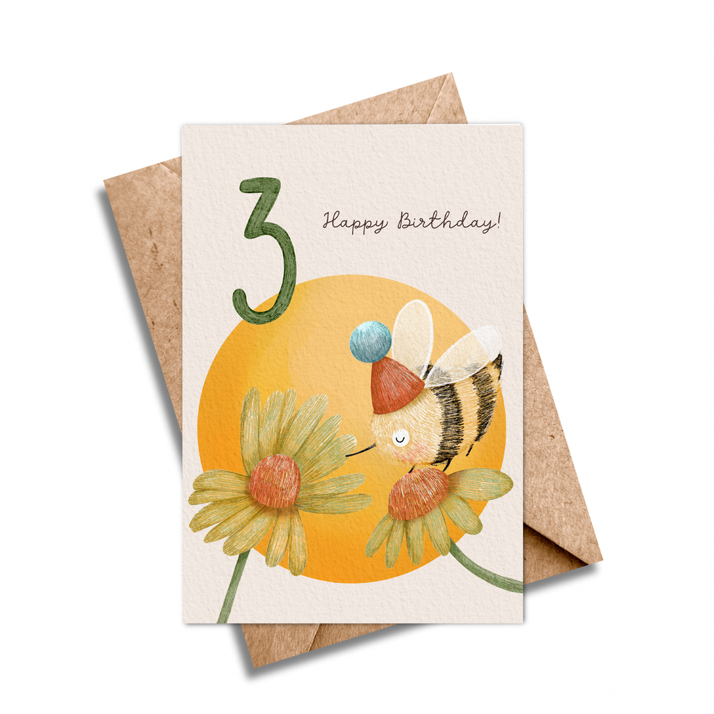 Age 3 Bee Birthday Card - Kids 3rd Birthday Yellow Card.