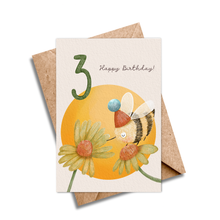 Load image into Gallery viewer, Age 3 Bee Birthday Card - Kids 3rd Birthday Yellow Card.

