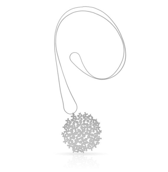  Hortensia Silver Plated long Pendant  on white background| RAS Jewellery | ORA Gallery Sheffield